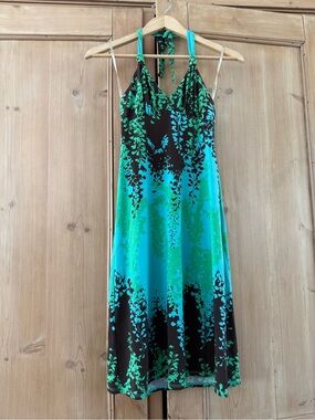 BCBGMaxAzria Green, Aqua and Brown Halter Midi Dress